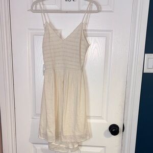 Beige woven Smocked Bodice Mini Dress with Spaghetti Straps